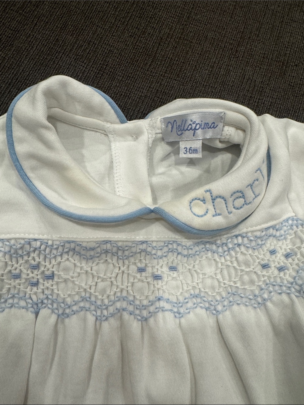 White Footed One-Piece with Blue Smocking - Charlie - Picture 3 of 3